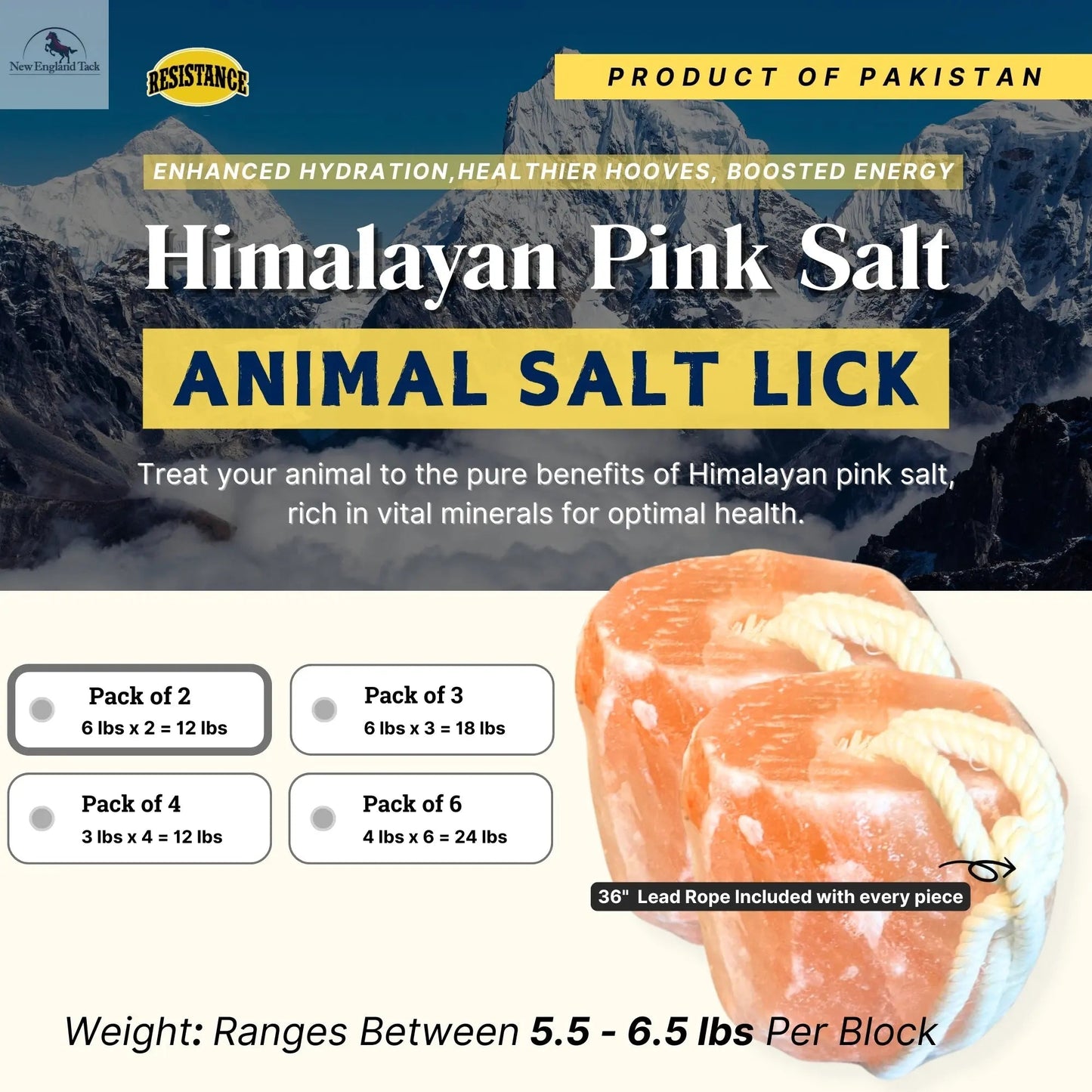RESISTANCE Pink Himalayan Salt Lick Block with Rope for Horses, Cattle, Deer, Goats, and Livestock – (Each Block Weight 6 lbs) NewEngland Tack