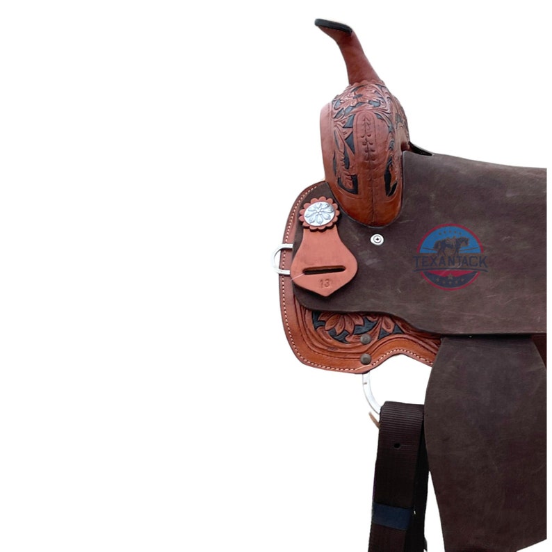 Youth/Kids Western Leather Saddle - Floral Tooled, Dark Brown Suede Seat