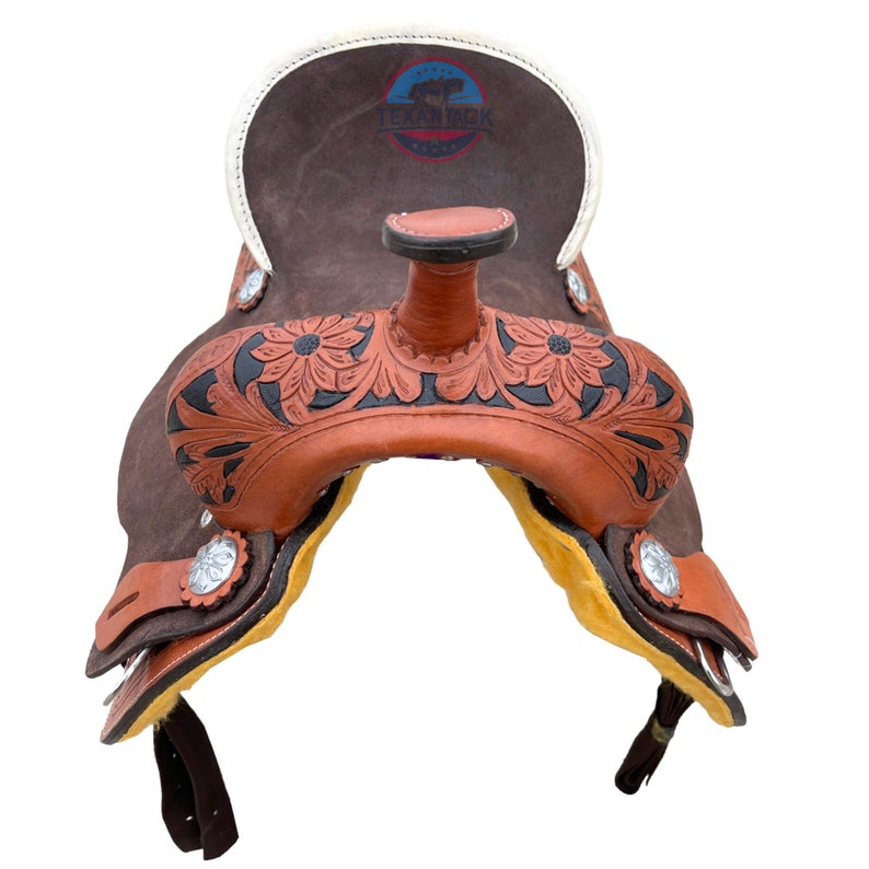 Youth/Kids Western Leather Saddle - Floral Tooled, Dark Brown Suede Seat