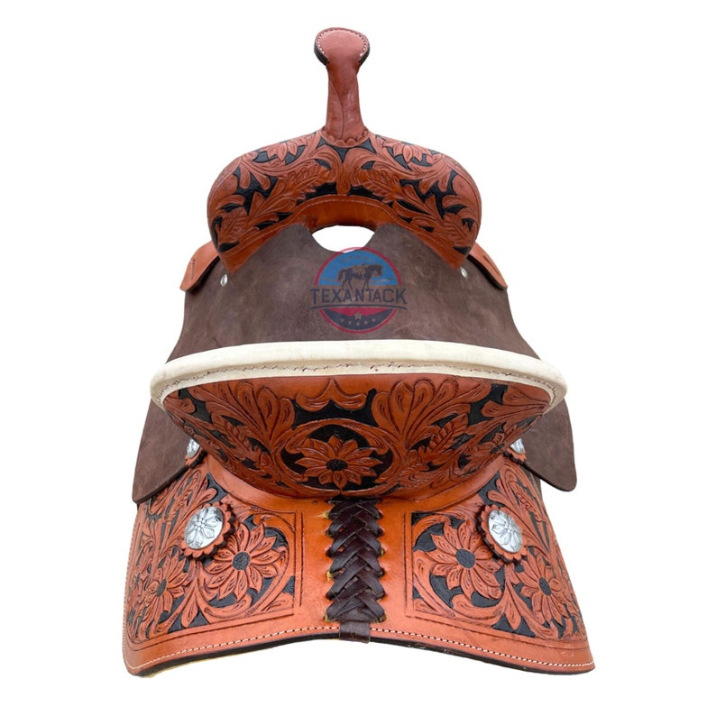 Youth/Kids Western Leather Saddle - Floral Tooled, Dark Brown Suede Seat