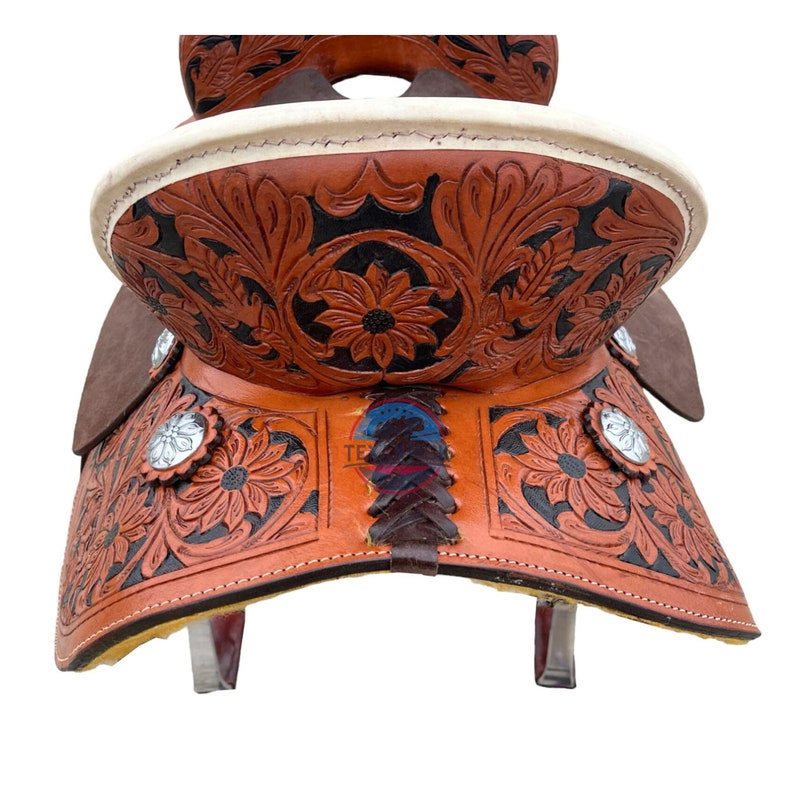 Youth/Kids Western Leather Saddle - Floral Tooled, Dark Brown Suede Seat