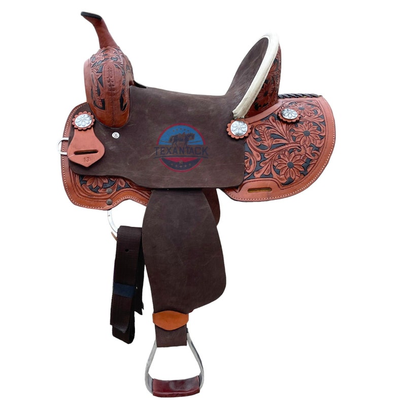 Youth/Kids Western Leather Saddle - Floral Tooled, Dark Brown Suede Seat