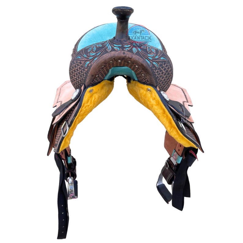 Purple & Turquoise Western Show Saddle (13-18") - Floral Tooled Leather