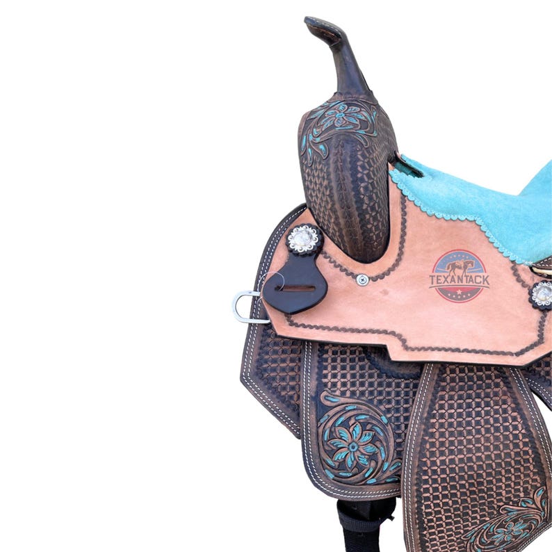 Purple & Turquoise Western Show Saddle (13-18") - Floral Tooled Leather