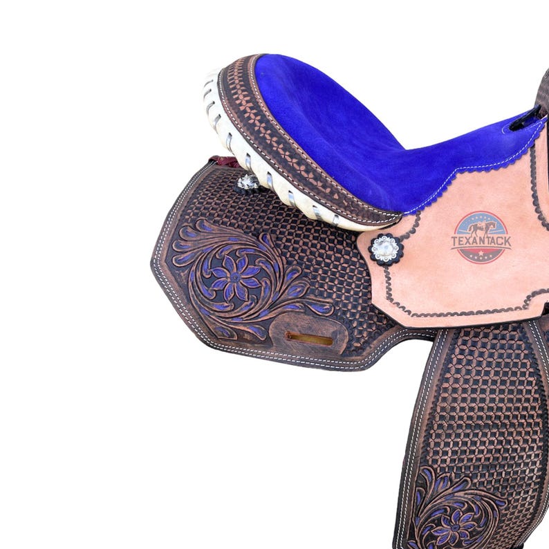 Purple & Turquoise Western Show Saddle (13-18") - Floral Tooled Leather
