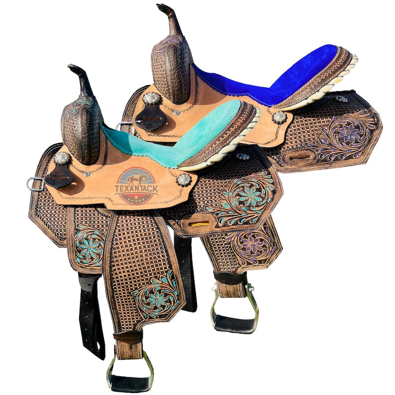 Purple & Turquoise Western Show Saddle (13-18") - Floral Tooled Leather