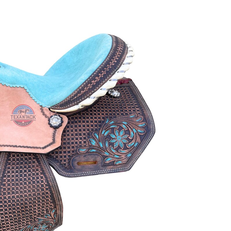 Purple & Turquoise Western Show Saddle (13-18") - Floral Tooled Leather