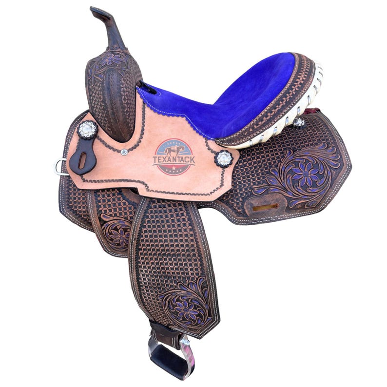 Purple & Turquoise Western Show Saddle (13-18") - Floral Tooled Leather