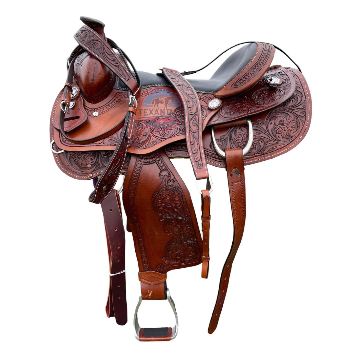 Argentinian Leather Western Saddle: Floral Tooled Pleasure & Trail with Silver Conchos TEXANTACK