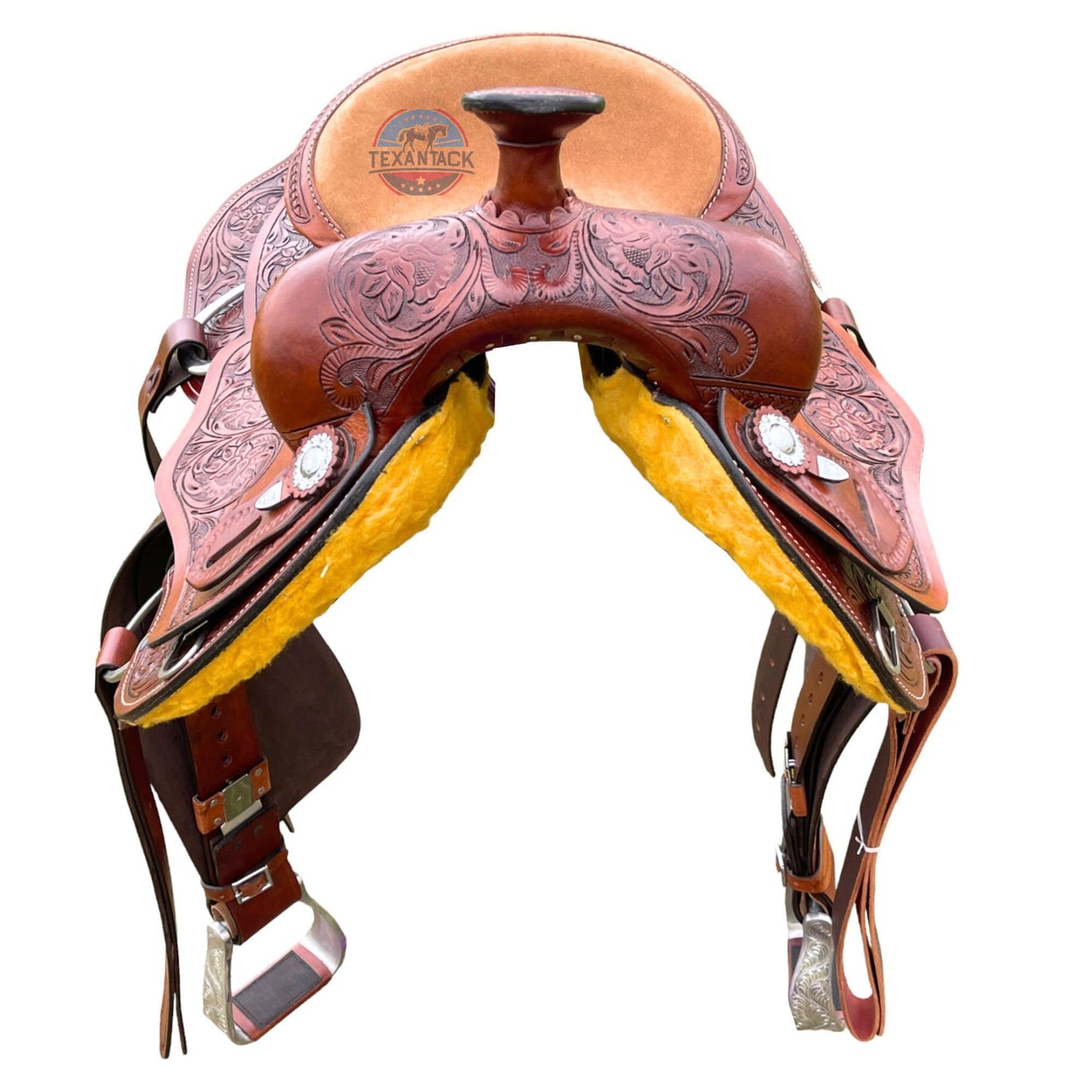 Argentinian Leather Western Saddle: Floral Tooled Pleasure & Trail with Silver Conchos TEXANTACK