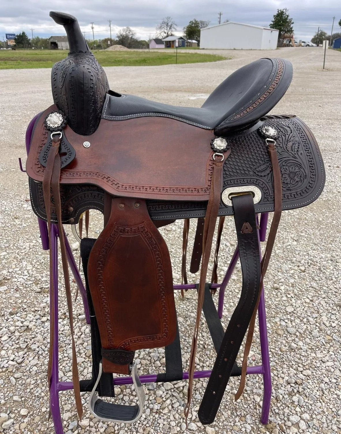 Western Pleasure/Trail Saddle - Dark Brown/Black Leather, Silver Conchos