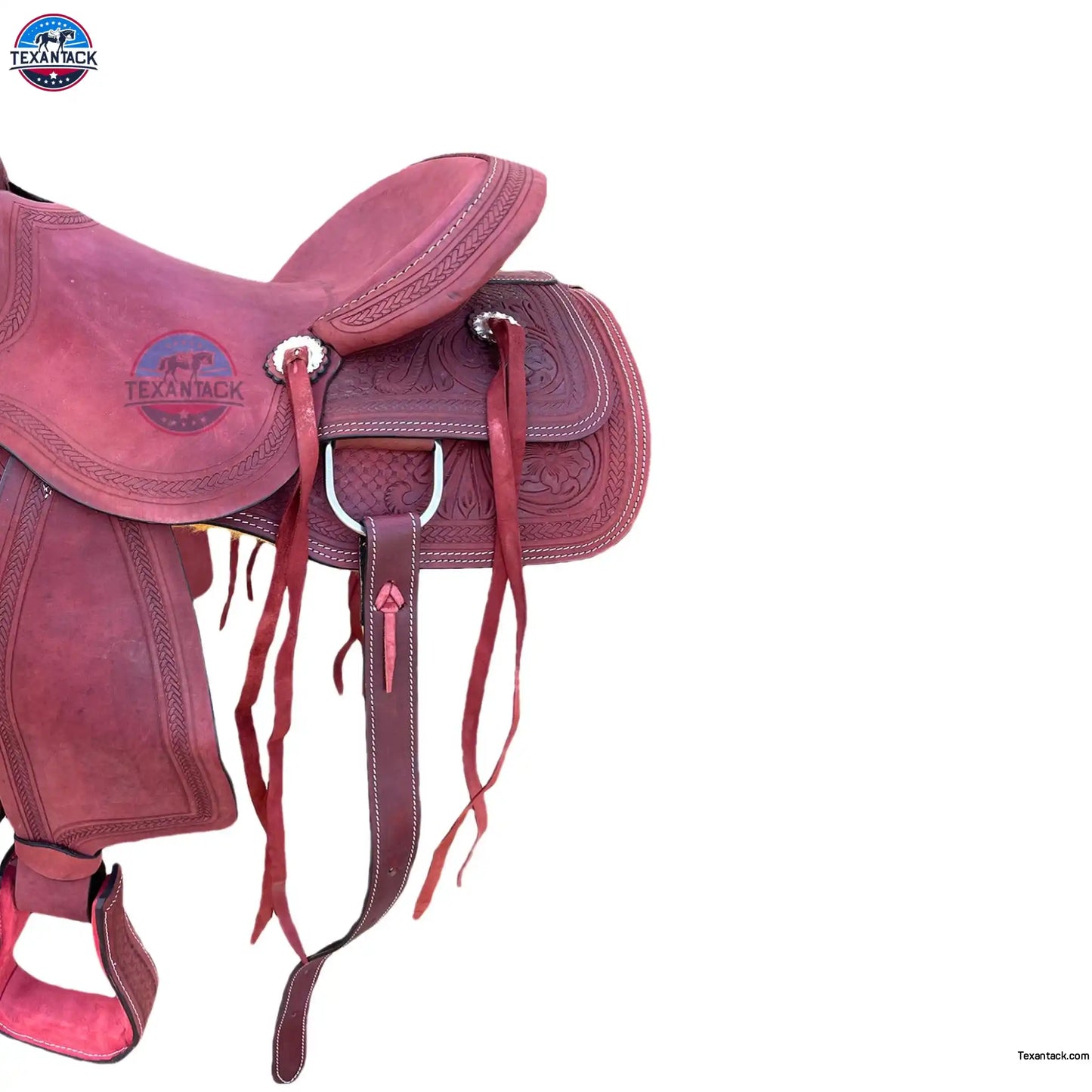 15.5" Tooled Leather Western Ranch Saddle: FQHB, 7" Gullet, Lightweight TEXANTACK