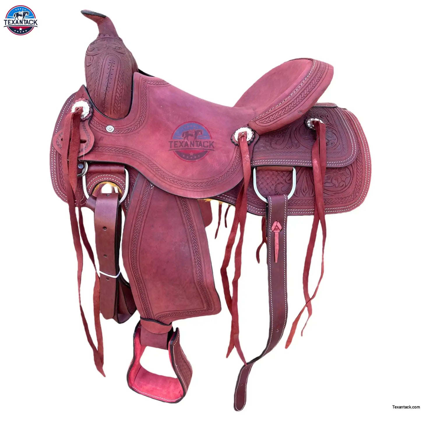 15.5" Tooled Leather Western Ranch Saddle: FQHB, 7" Gullet, Lightweight TEXANTACK