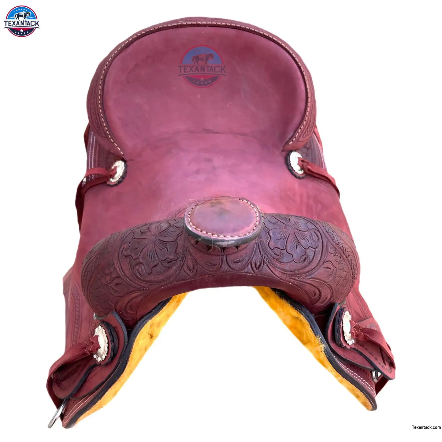 15.5" Tooled Leather Western Ranch Saddle: FQHB, 7" Gullet, Lightweight TEXANTACK