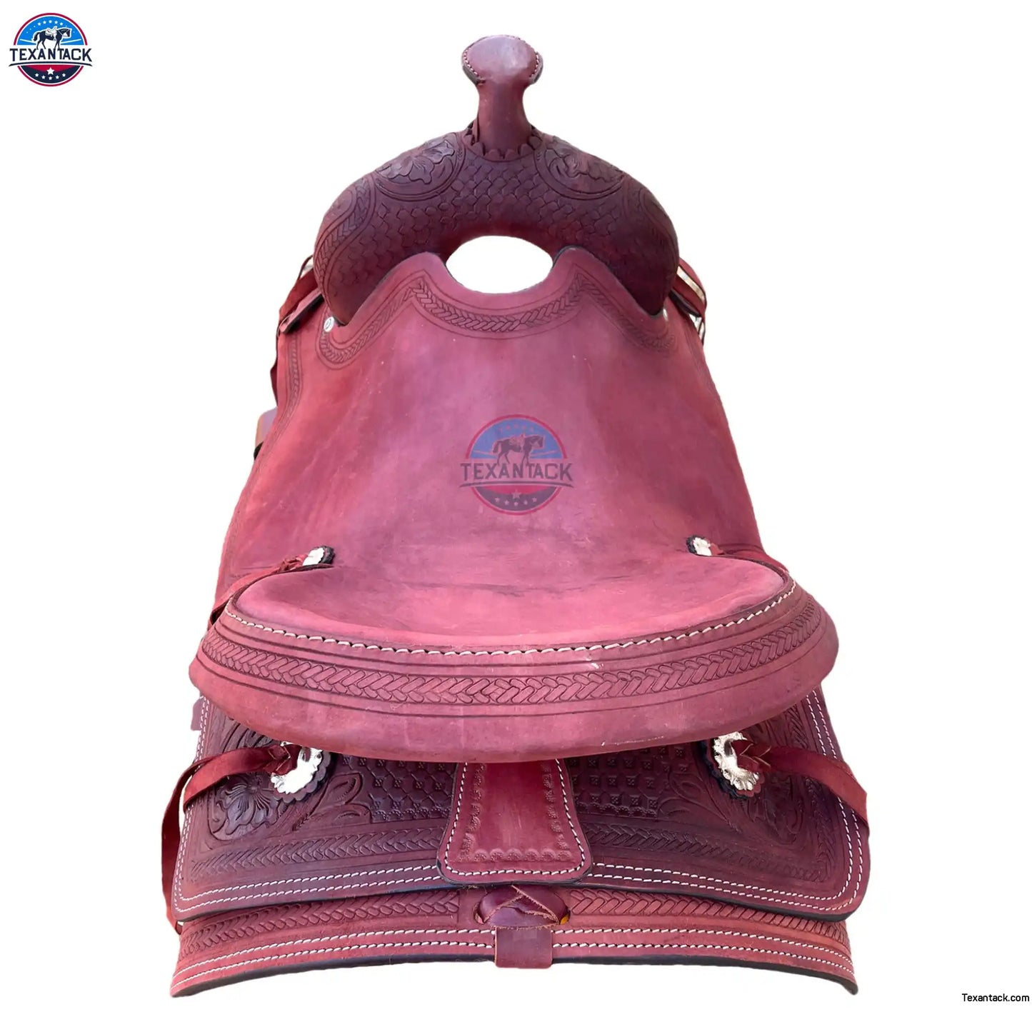 15.5" Tooled Leather Western Ranch Saddle: FQHB, 7" Gullet, Lightweight TEXANTACK