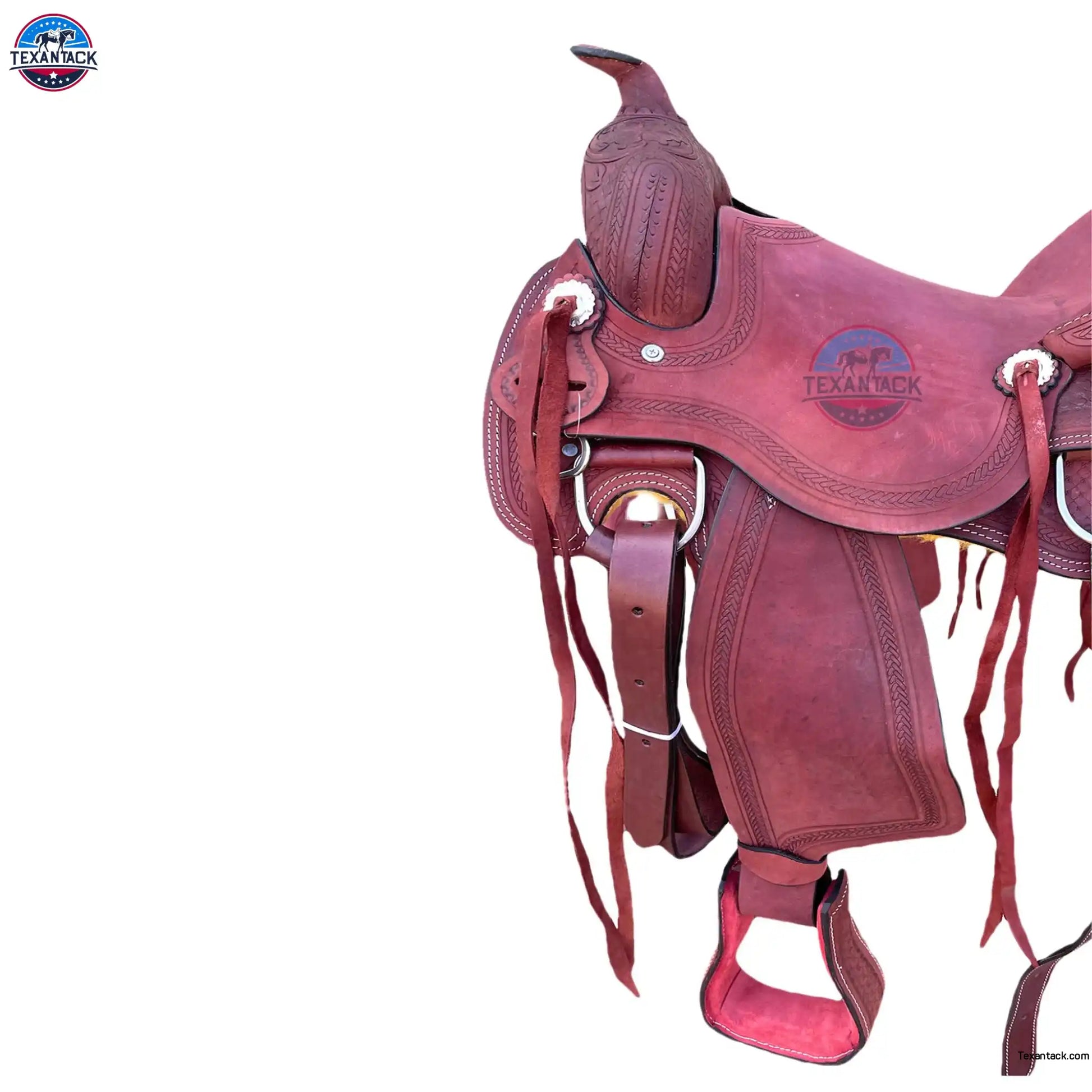 15.5" Tooled Leather Western Ranch Saddle: FQHB, 7" Gullet, Lightweight TEXANTACK