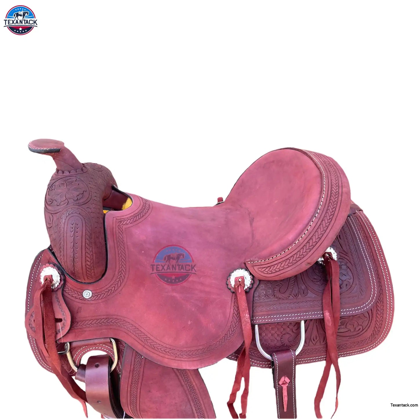 15.5" Tooled Leather Western Ranch Saddle: FQHB, 7" Gullet, Lightweight TEXANTACK