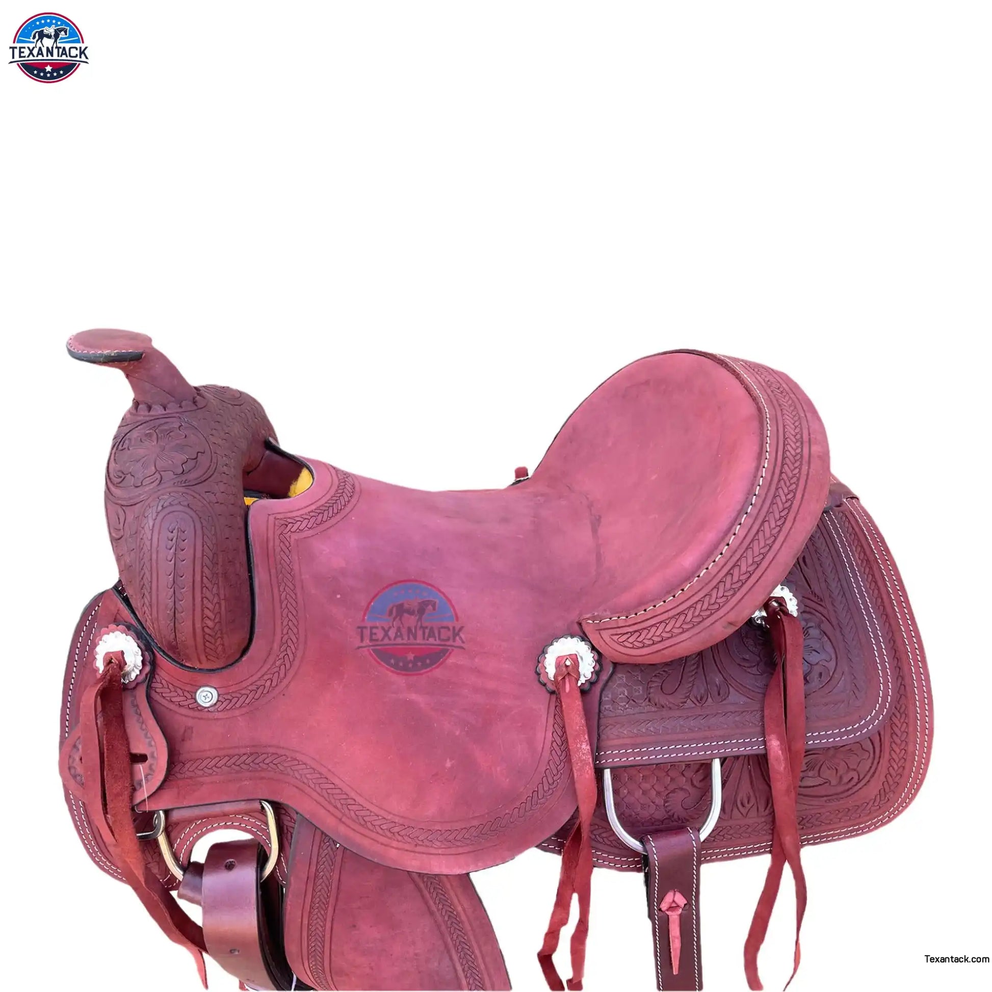 15.5" Tooled Leather Western Ranch Saddle: FQHB, 7" Gullet, Lightweight TEXANTACK