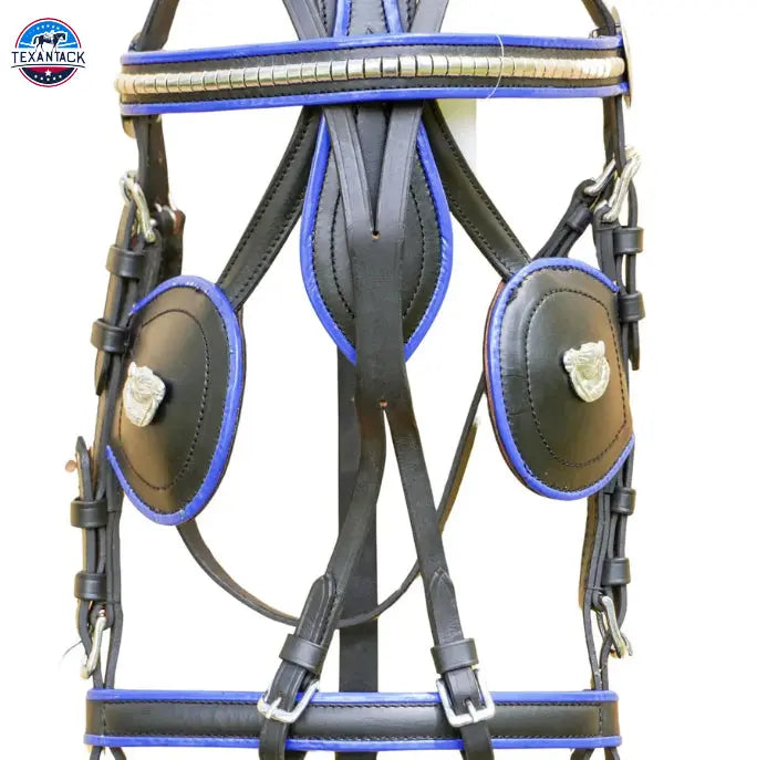 Black Patent Leather Horse Driving Harness with Blue Trim - Available in Miniature, Small Pony, Cob, and Full Horse Sizes TEXANTACK