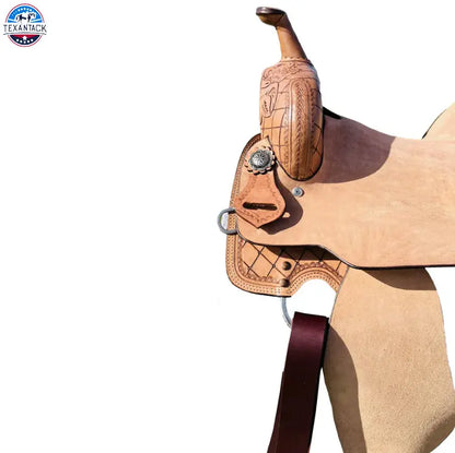 Resistance Premium Leather Horse Barrel Western Saddle With Rough Out Fender And Leaf Tooling TEXANTACK