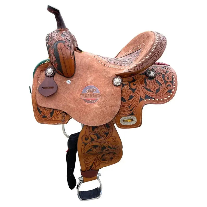 Adult/Youth Western Horse Floral Tooled Barrel Saddle with Roughout Leather TEXANTACK