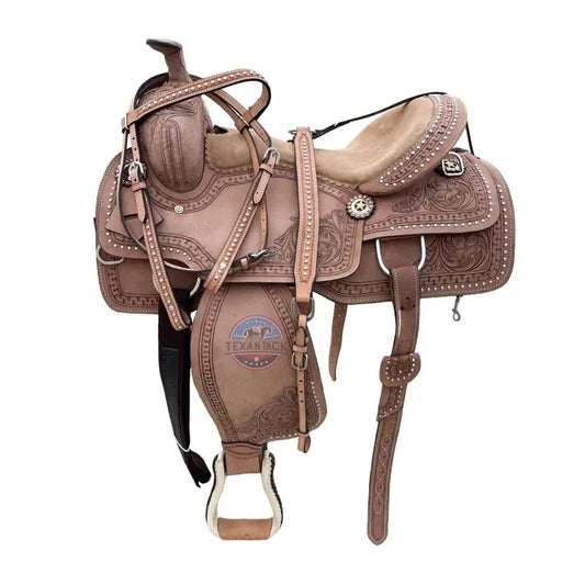 Western Horse Pleasure and Trail Saddle - Silver Beaded with Floral Tooling, Plus Free Tack Set TEXANTACK