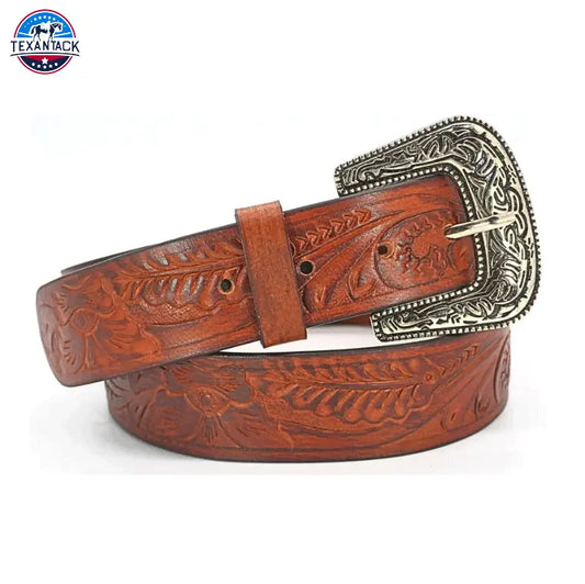 Resistance Floral Medium Brown Women's Cowgirl Cowboy Country Belt with Floral Embossed Silver Buckle TEXANTACK