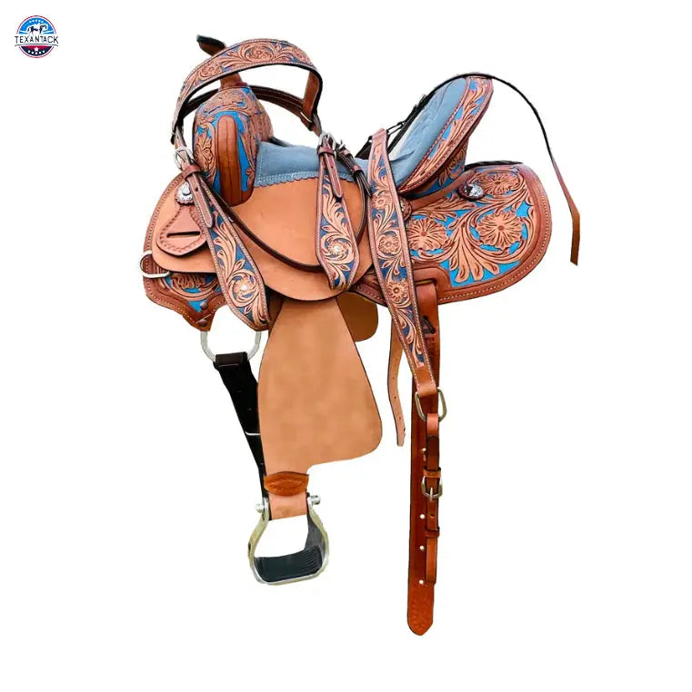 Resistance Youth Western Barrel Saddle with Floral Tooling and Silver Conchos | Genuine Leather | Free Tack Set | Sizes 10", 12", 13 TEXANTACK