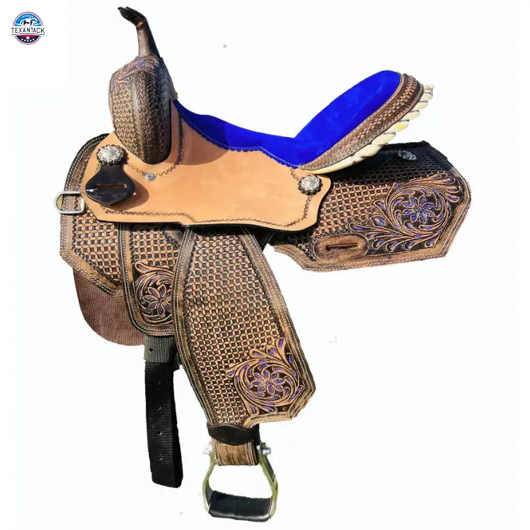 Resistance Premium Leather Youth Western Barrel Saddle With Intricate Tooling TEXANTACK