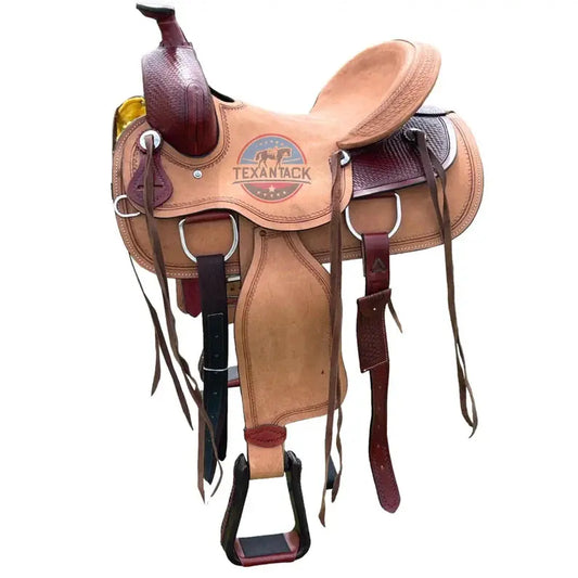 Western Horse Adult Ranch Saddle with Double Skirt and Basket Weave Tooling TEXANTACK