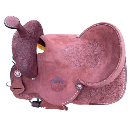 Floral Tooled Barrel Saddle with Roughout Leather - Enhanced with Silver Conchos & White Buck Stitch TEXANTACK
