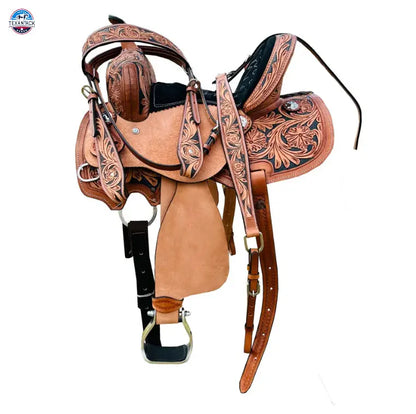 Resistance Youth Western Barrel Saddle with Floral Tooling and Silver Conchos | Genuine Leather | Free Tack Set | Sizes 10", 12", 13 TEXANTACK