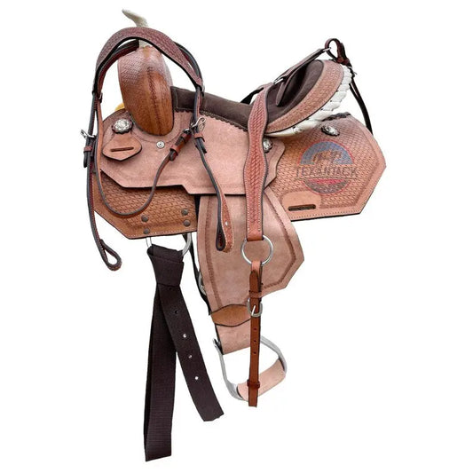Youth Western Horse Leather Barrel Saddle Basket Weave with Rawhide Cantle and Free Matching Tack Set TEXANTACK