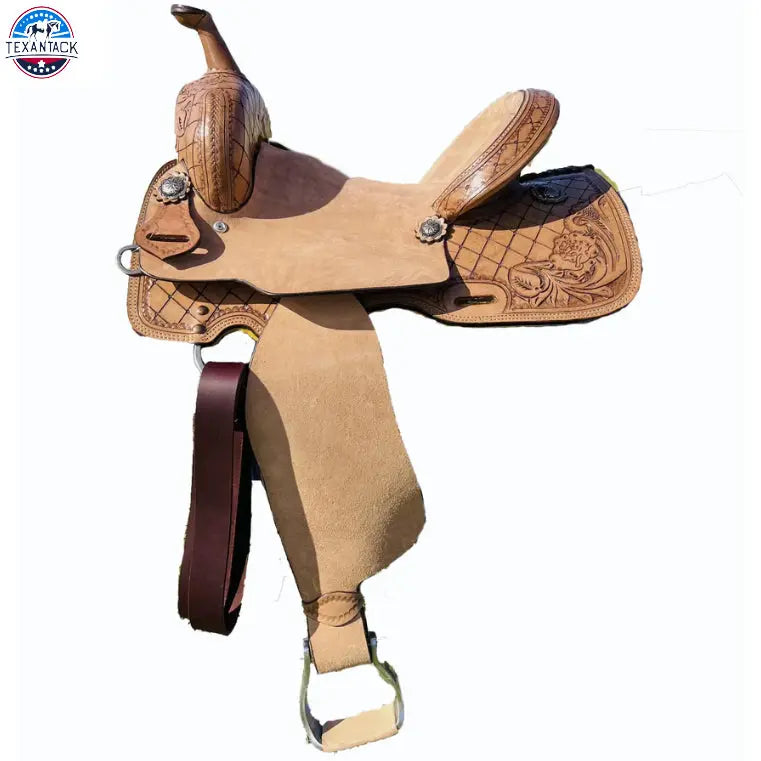 Resistance Premium Leather Horse Barrel Western Saddle With Rough Out Fender And Leaf Tooling TEXANTACK