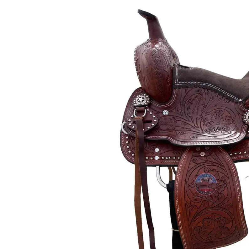 Youth/Pony Silver Dot Embellishment Western Horse Leather Trail Saddle With Floral Tooled Through Skirt & Fender TEXANTACK