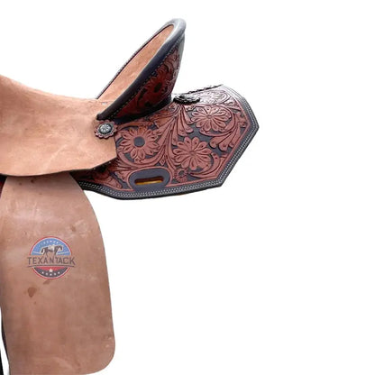 Adult Western Floral Tooled Barrel Saddle with Roughout Leather - Enhanced with Silver Conchos & Roughout Seat TEXANTACK