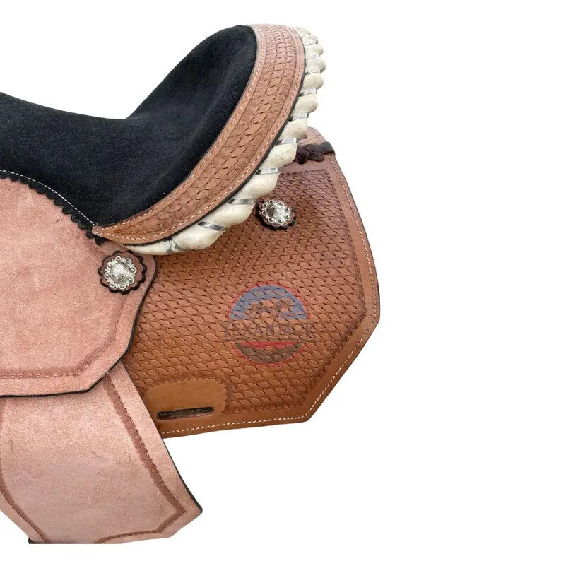 Youth Western Horse Leather Barrel Saddle Basket Weave with Rawhide Cantle and Free Matching Tack Set TEXANTACK