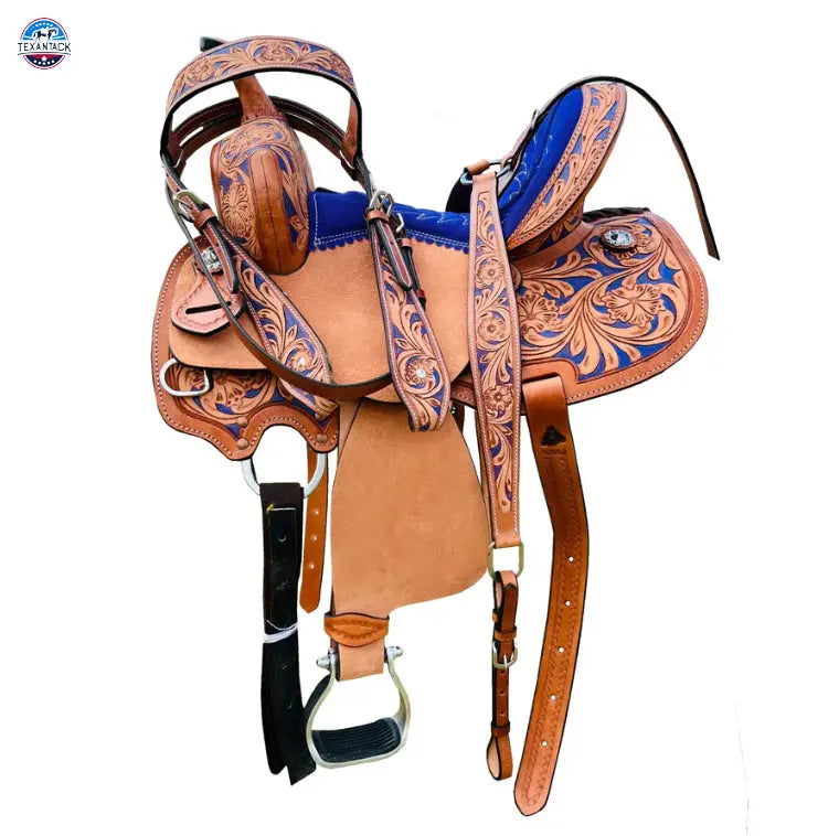 Resistance Youth Western Barrel Saddle with Floral Tooling and Silver Conchos | Genuine Leather | Free Tack Set | Sizes 10", 12", 13 TEXANTACK