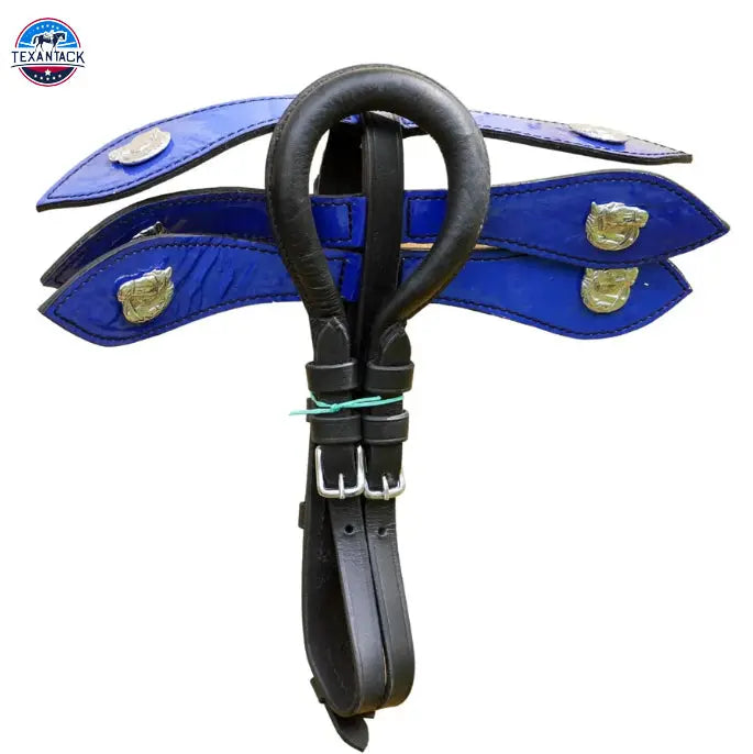 Black Patent Leather Horse Driving Harness with Blue Trim - Available in Miniature, Small Pony, Cob, and Full Horse Sizes TEXANTACK