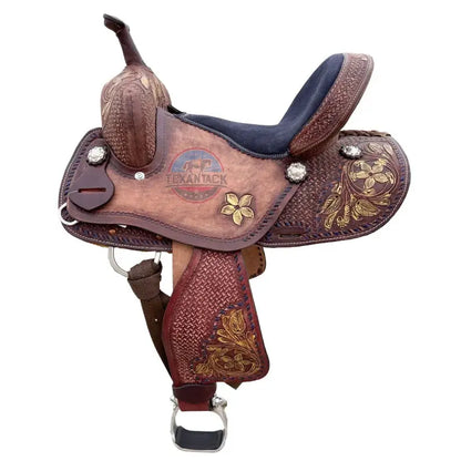 Western Youth Leather Barrel Racing Saddle Unveiling Floral and Basket Weave Tooling TEXANTACK