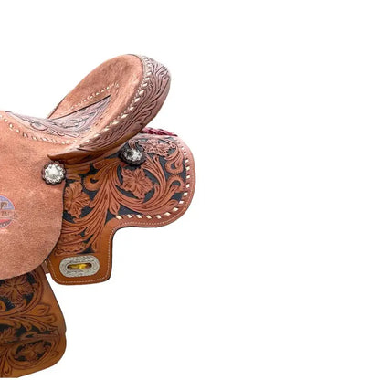 Adult/Youth Western Horse Floral Tooled Barrel Saddle with Roughout Leather TEXANTACK