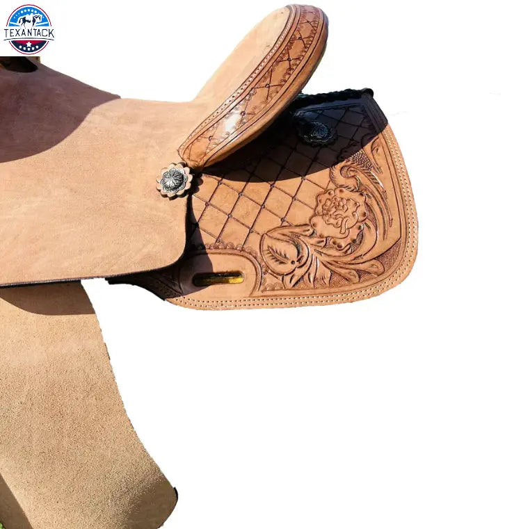 Resistance Premium Leather Horse Barrel Western Saddle With Rough Out Fender And Leaf Tooling TEXANTACK