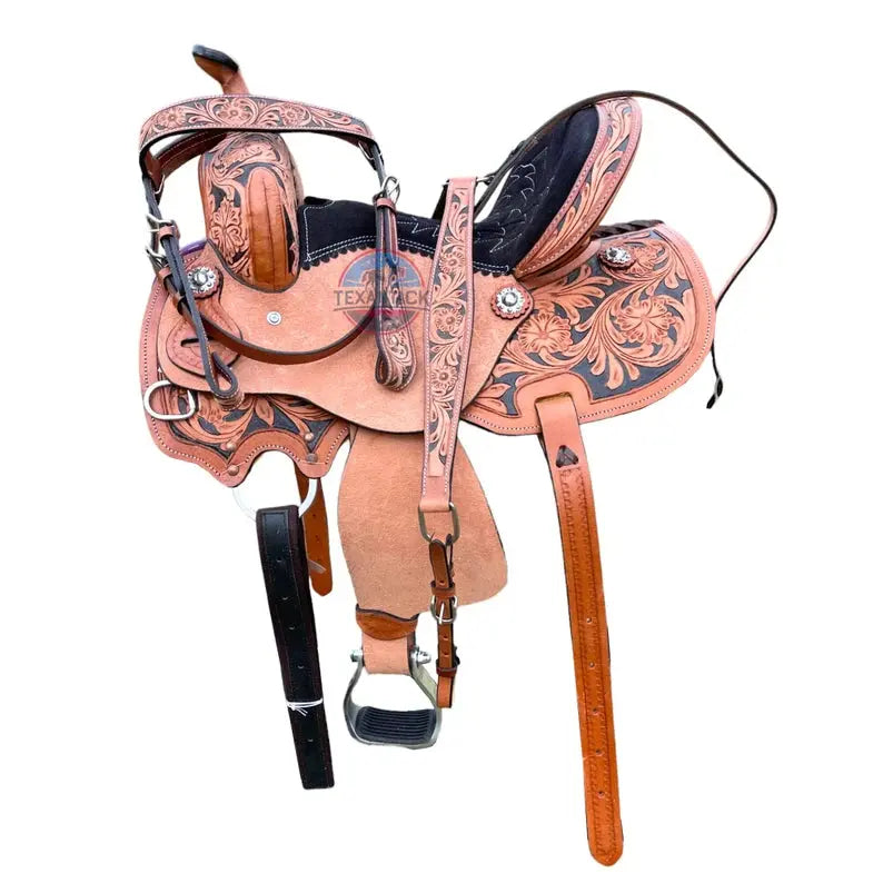 Premium Youth and Adult Western Horse Leather Barrel Saddle - Sizes 10" to 16" with Floral Tooling and Free Matching Tack Set TEXANTACK