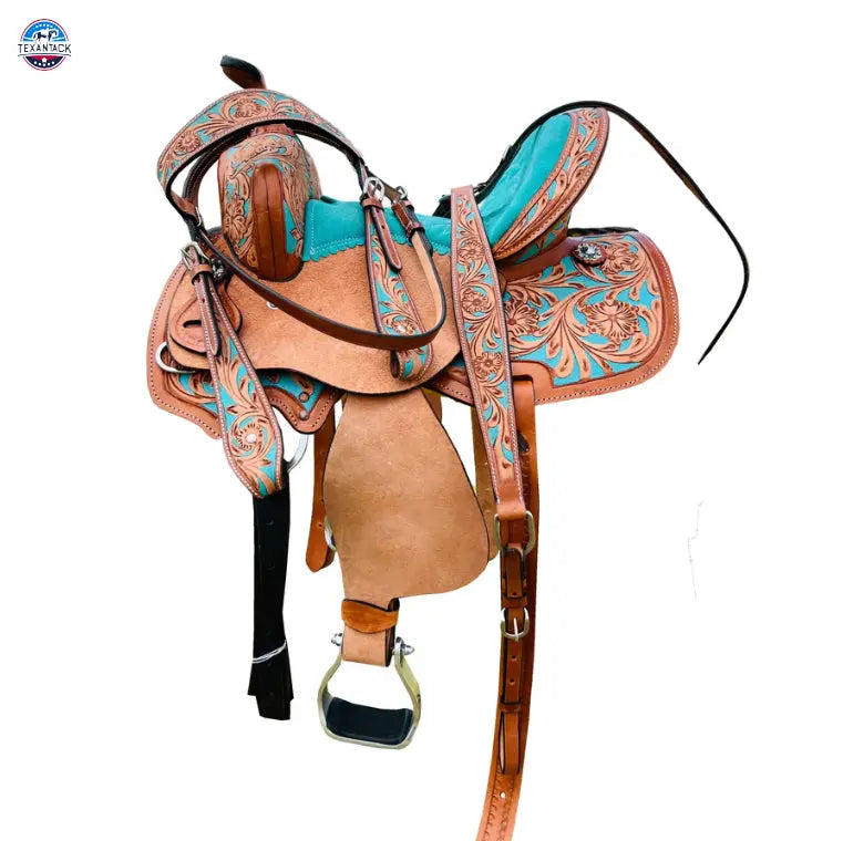 Resistance Youth Western Barrel Saddle with Floral Tooling and Silver Conchos | Genuine Leather | Free Tack Set | Sizes 10", 12", 13 TEXANTACK