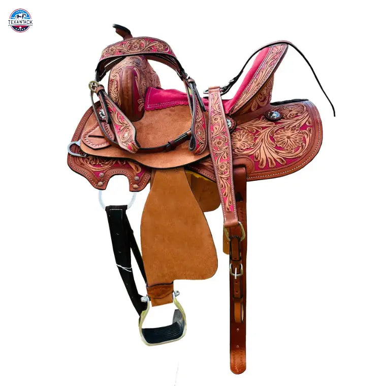 Resistance Youth Western Barrel Saddle with Floral Tooling and Silver Conchos | Genuine Leather | Free Tack Set | Sizes 10", 12", 13 TEXANTACK