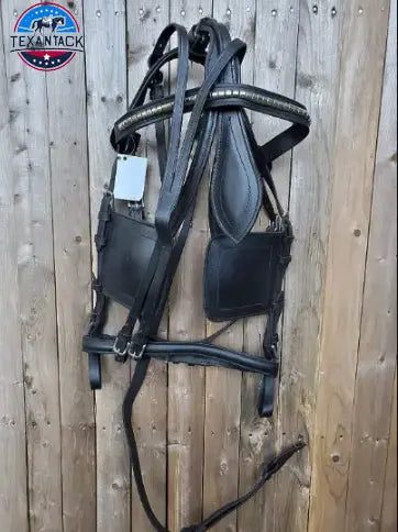 Black Full Size Horse Buffalo Leather Square Stud Browband Driving Harness Set TEXANTACK