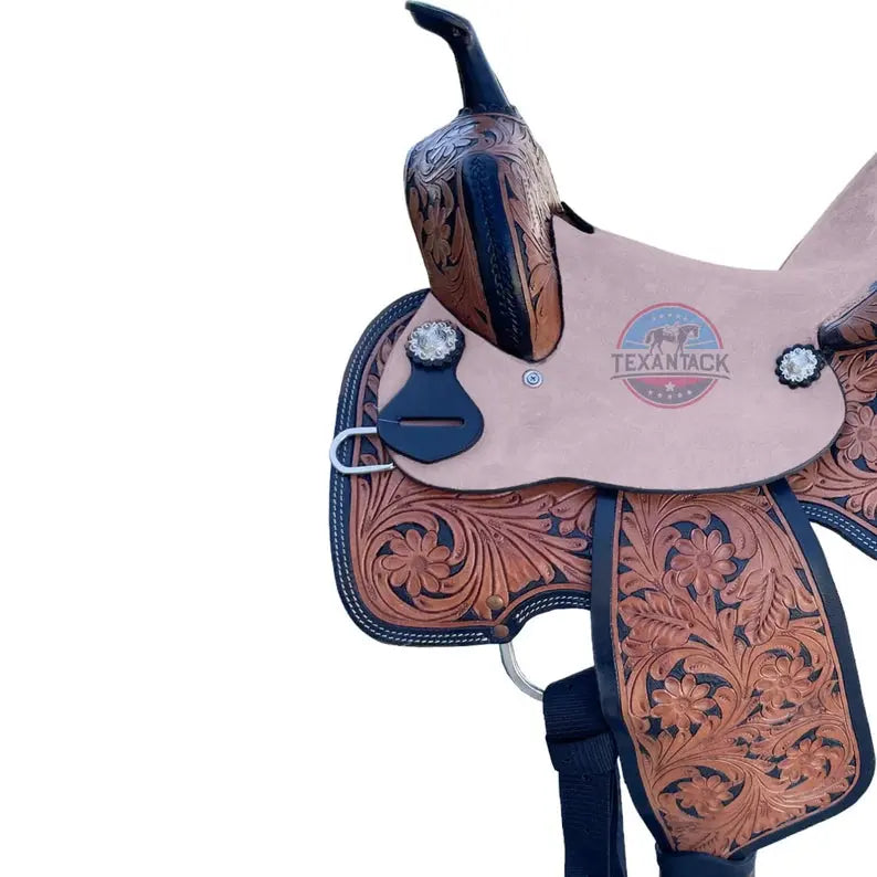 Adult Western Floral Tooled Barrel Saddle with Roughout Leather - Enhanced with Silver Conchos & Roughout Seat TEXANTACK