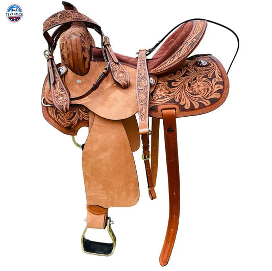 Premium Genuine Leather Western Horse Barrel Saddle with Floral Tooling and Silver Conchos TEXANTACK