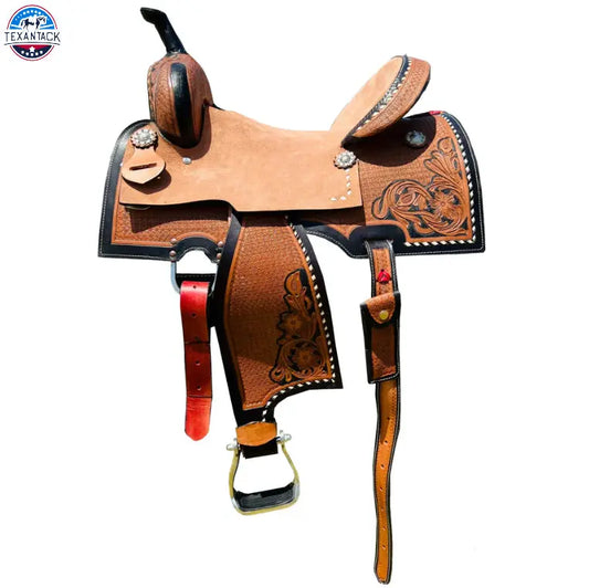 Resistance Rough Out Hard Seat Barrel Style Saddle with Floral Tooled Leather Square Skirt and Fenders - Sizes 14", 15", 16" TEXANTACK