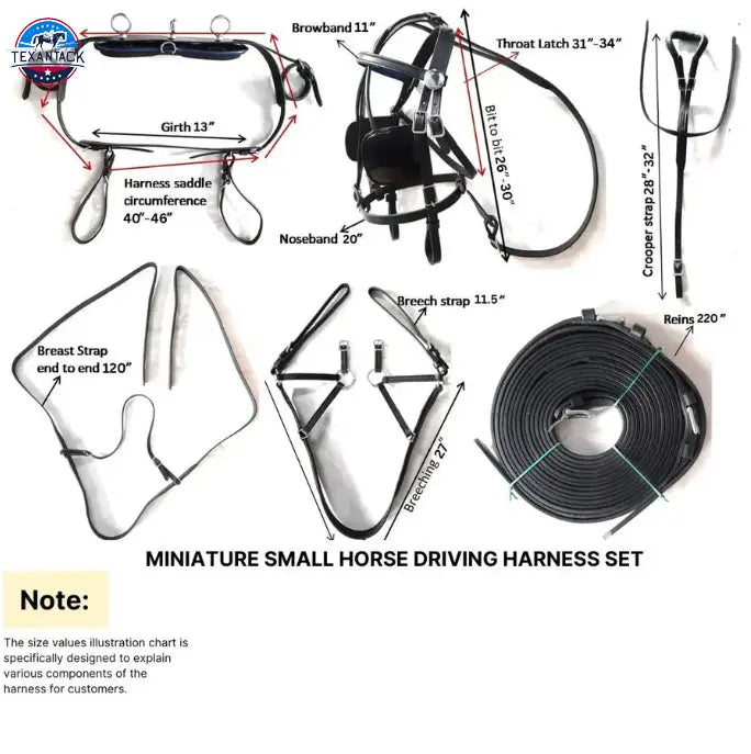 Miniature Horse Black Patent Leather Driving Harness with Red and White Accents TEXANTACK